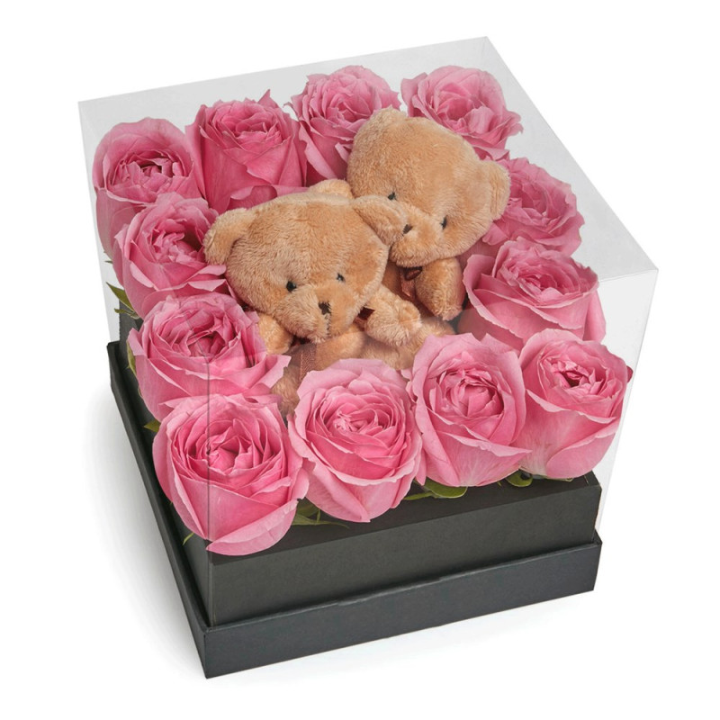 Asetat Kutuda Pembe Gül ve Ayıcık ile Zarif Romantik Hediye