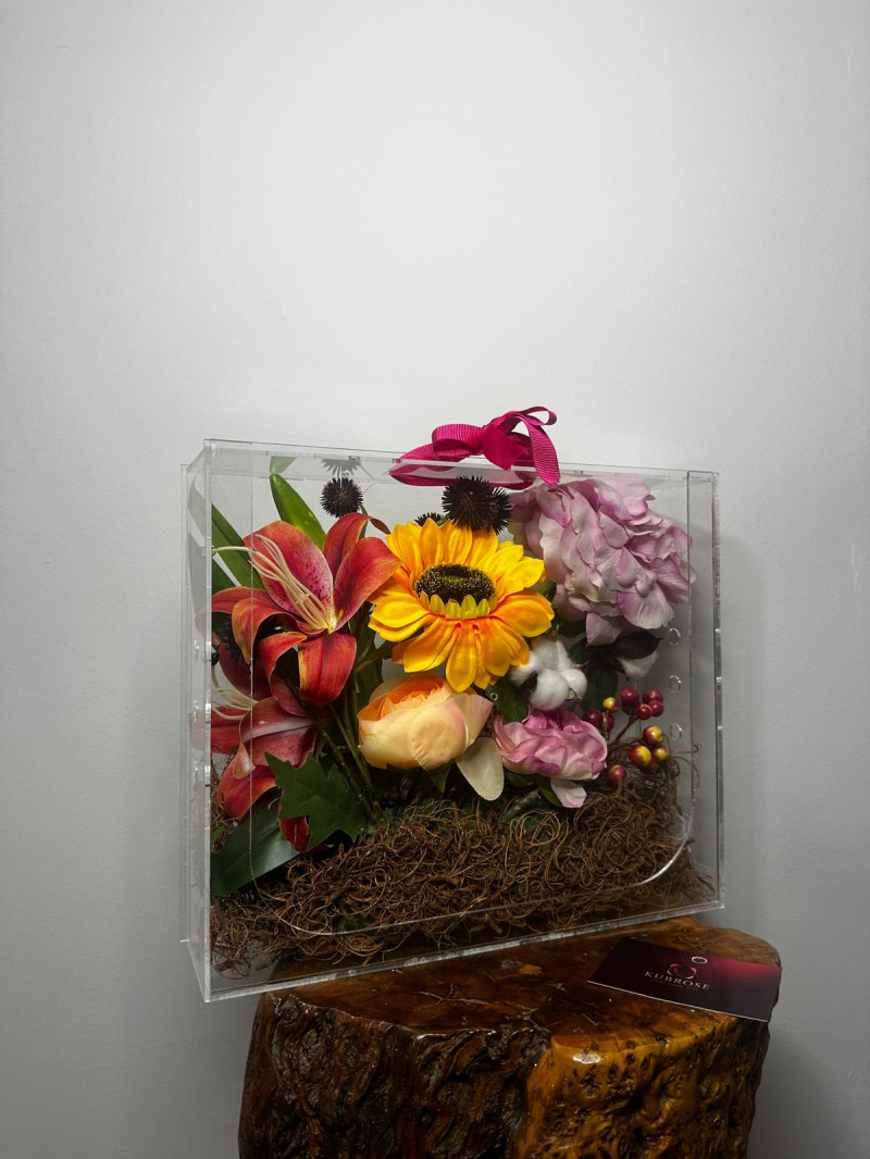 Pleksi Kutuda Yapay Çiçek Aranjmanı | Günebakan & Pembe Gül Dekoratif Hediye